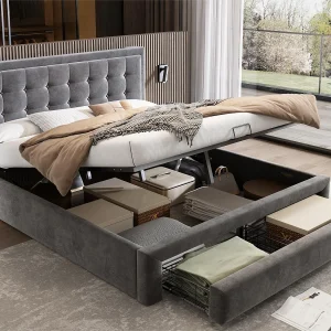 Gewatteerd opbergbed 160x200cm in fluweel – met lade en lattenbodem – Grijs (zonder matras) Gewatteerd opbergbed 160x200cm in fluweel – met lade en lattenbodem – Grijs (zonder matras)