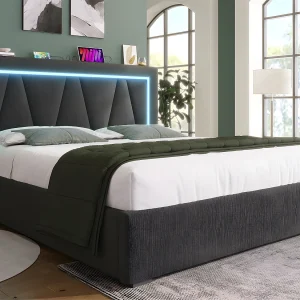 Gestoffeerd opbergbed 140x200cm met LED en USB en Type-C oplaadpoort – Linnenstof – lattenbodem – Grijs Gestoffeerd opbergbed 140x200cm met LED en USB en Type-C oplaadpoort – Linnenstof – lattenbodem – Grijs