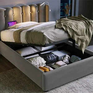 Gestoffeerd opbergbed met LED en USB oplaadpoorten – 90x200cm – fluweel stof – met lattenbodem – Grijs Gestoffeerd opbergbed met LED en USB oplaadpoorten – 90x200cm – fluweel stof – met lattenbodem – Grijs