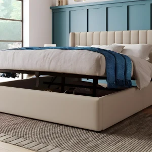 Gestoffeerd opbergbed 160x200cm in linnen met lattenbodem – Beige Gestoffeerd opbergbed 160x200cm in linnen met lattenbodem – Beige