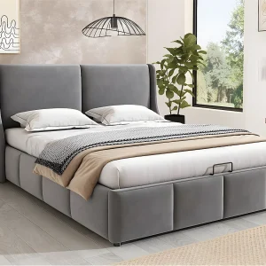 Gewatteerd opbergbed 140x190cm in fluweel – opbergbed met lattenbodem – Grijs Gewatteerd opbergbed 140x190cm in fluweel – opbergbed met lattenbodem – Grijs