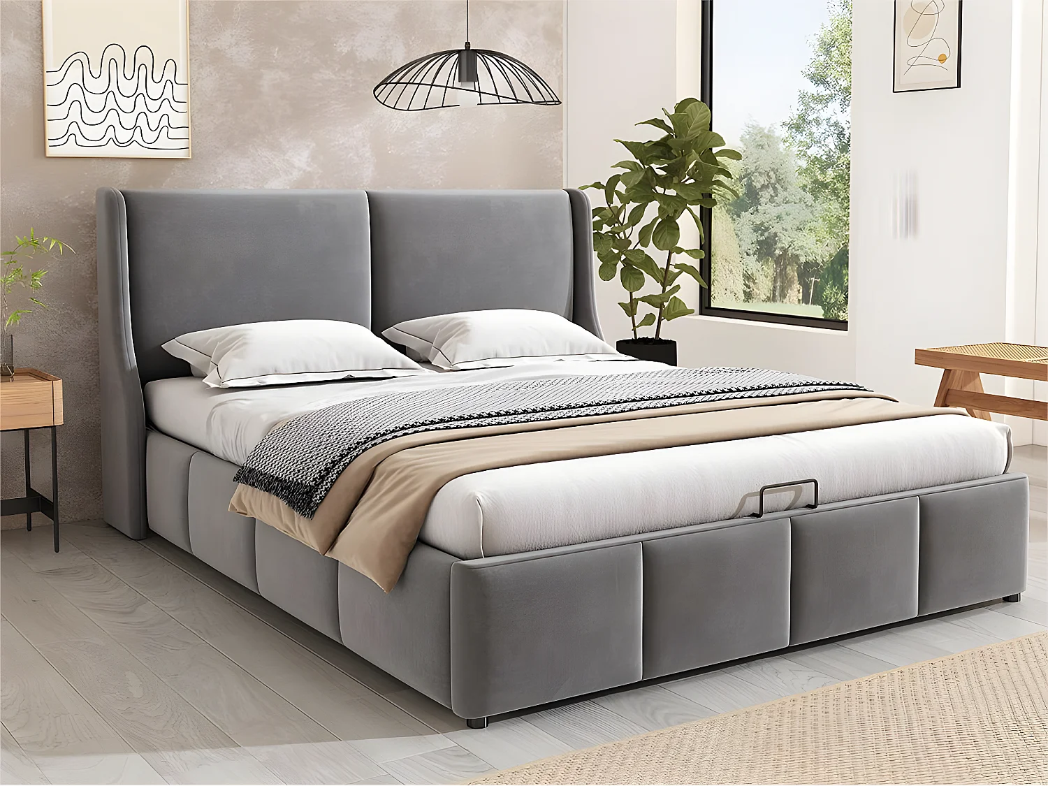 Gewatteerd opbergbed 140x190cm in fluweel - opbergbed met lattenbodem - Grijs