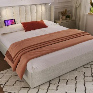 Gestoffeerd opbergbed met LED en USB oplaadpoorten – 140x200cm – linnen stof – met lattenbodem – Beige Gestoffeerd opbergbed met LED en USB oplaadpoorten – 140x200cm – linnen stof – met lattenbodem – Beige