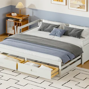 Grenen onderschuifbed met lades + lattenbodem – 90x200cm – wit Grenen onderschuifbed met lades + lattenbodem – 90x200cm – wit