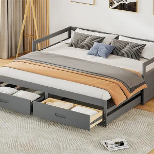 Grenen onderschuifbed met lades + lattenbodem – 90x200cm – grijs Grenen onderschuifbed met lades + lattenbodem – 90x200cm – grijs