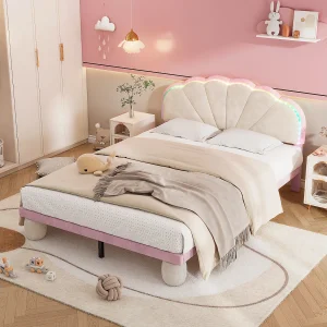 Gestoffeerd bed 140 x 200 met golvend gesneden hoofdeinde en ronde gewatteerde poten – LED's – Fluweel – Beige + roze Gestoffeerd bed 140 x 200 met golvend gesneden hoofdeinde en ronde gewatteerde poten – LED's – Fluweel – Beige + roze