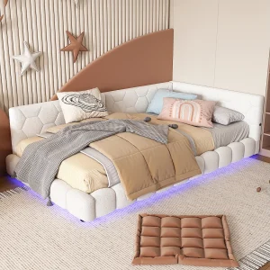 Gestoffeerd bed 90 x 200 cm met hoofdeinde voor kinderen – LED's + USB-poort – MDF hout – Wit