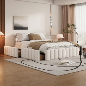 Gestoffeerd bed 140 x 200 cm met 4 lades – zonder hoofdbord – fluweel – beige Gestoffeerd bed 140 x 200 cm met 4 lades – zonder hoofdbord – fluweel – beige