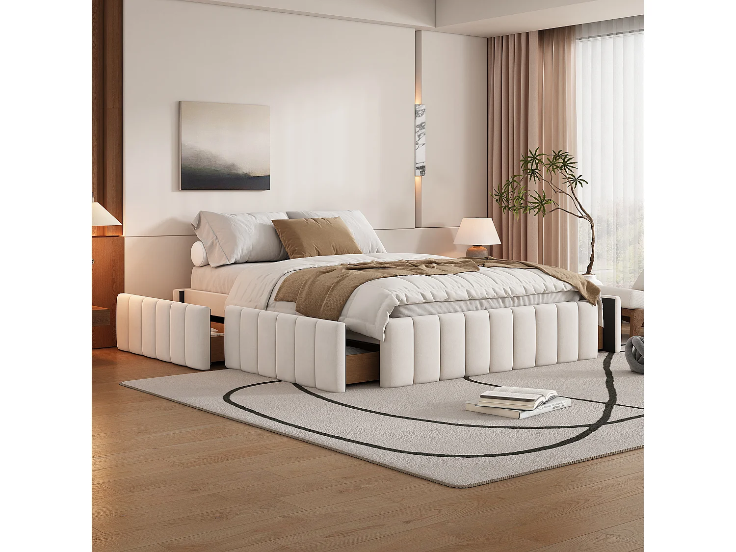 Gestoffeerd bed 140 x 200 cm met 4 lades - zonder hoofdbord - fluweel - beige