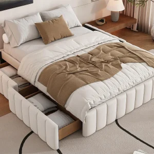 Gestoffeerd bed 140x200cm in fluweel zonder hoofdeinde – met lades en lattenbodem – Beige Gestoffeerd bed 140x200cm in fluweel zonder hoofdeinde – met lades en lattenbodem – Beige