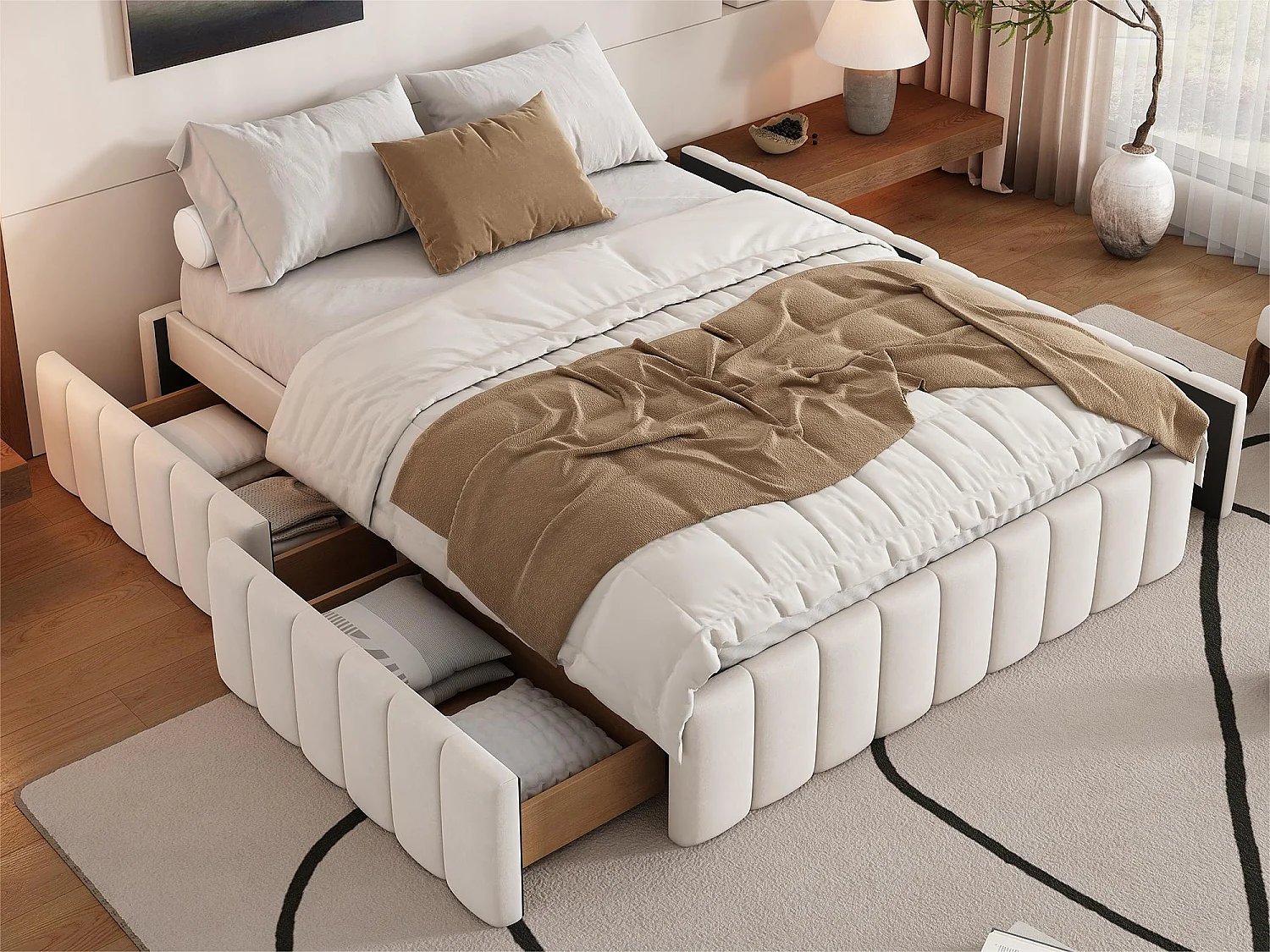 Gestoffeerd bed 140x200cm in fluweel zonder hoofdeinde - met lades en lattenbodem - Beige