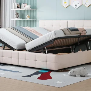 Gewatteerd opbergbed 180x200cm in fluweel – om te bouwen tot 2 eenpersoonsbedden – Beige