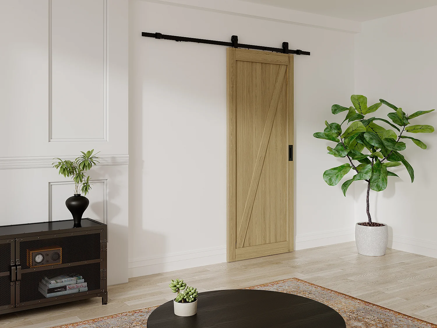 Schuifdeur met rails van hout en mdf, licht naturel, rustiek - H205 x L93 cm - BALERMA