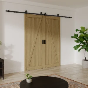 Hangende dubbele schuifdeur met rails – Hout en mdf, licht naturel – 2 x H205 x L73 cm – BALERMA