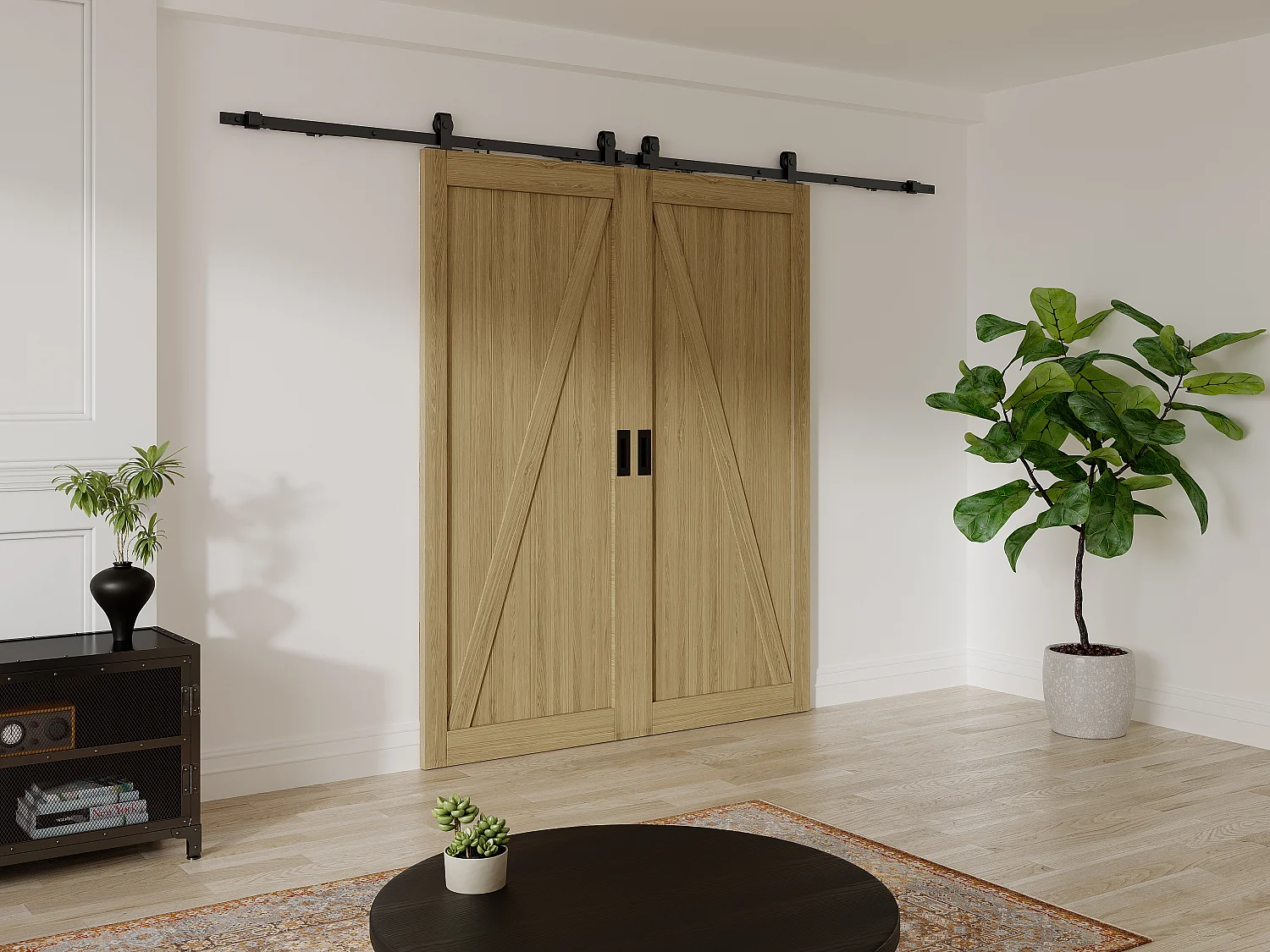 Hangende dubbele schuifdeur met rails - Hout en mdf, licht naturel - 2 x H205 x L73 cm - BALERMA