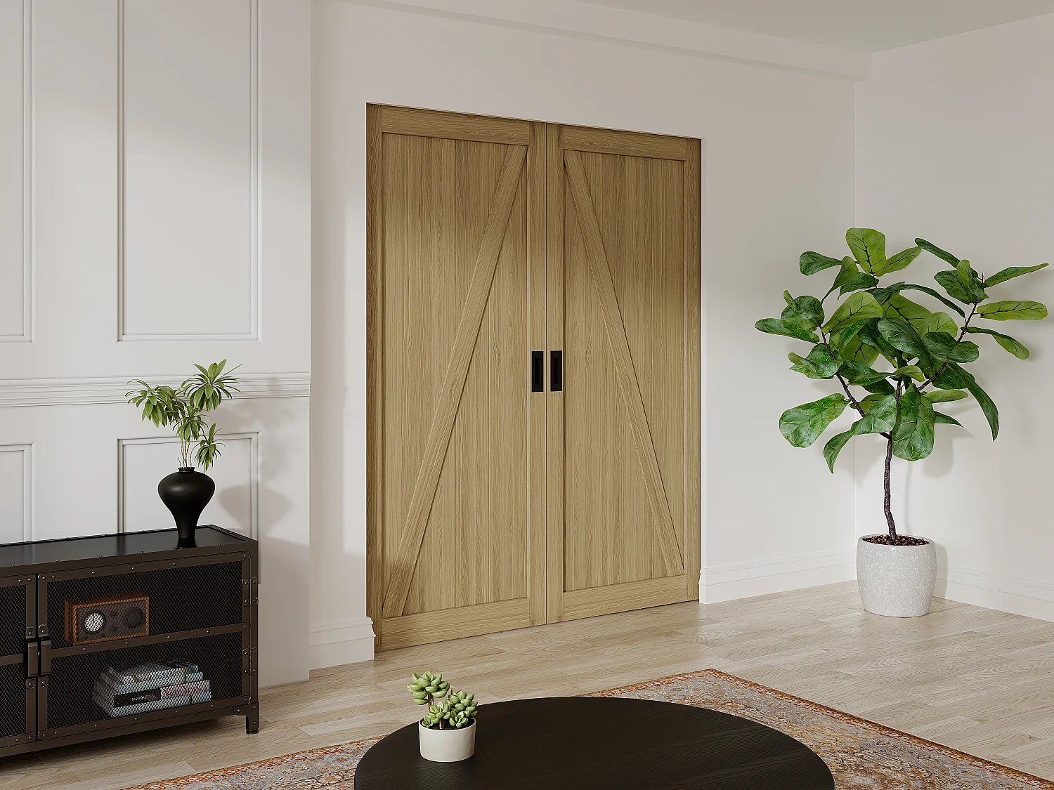 Hangende dubbele schuifdeur met rails van hout en mdf, licht naturel - 2 x H205 x L83 cm - BALERMA