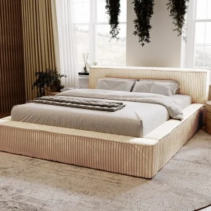 Gestoffeerd bed Lago 180×200 beige – opbergruimte voor beddengoed, houten lattenbodem, doorgestikt hoofdbord en bedframe
