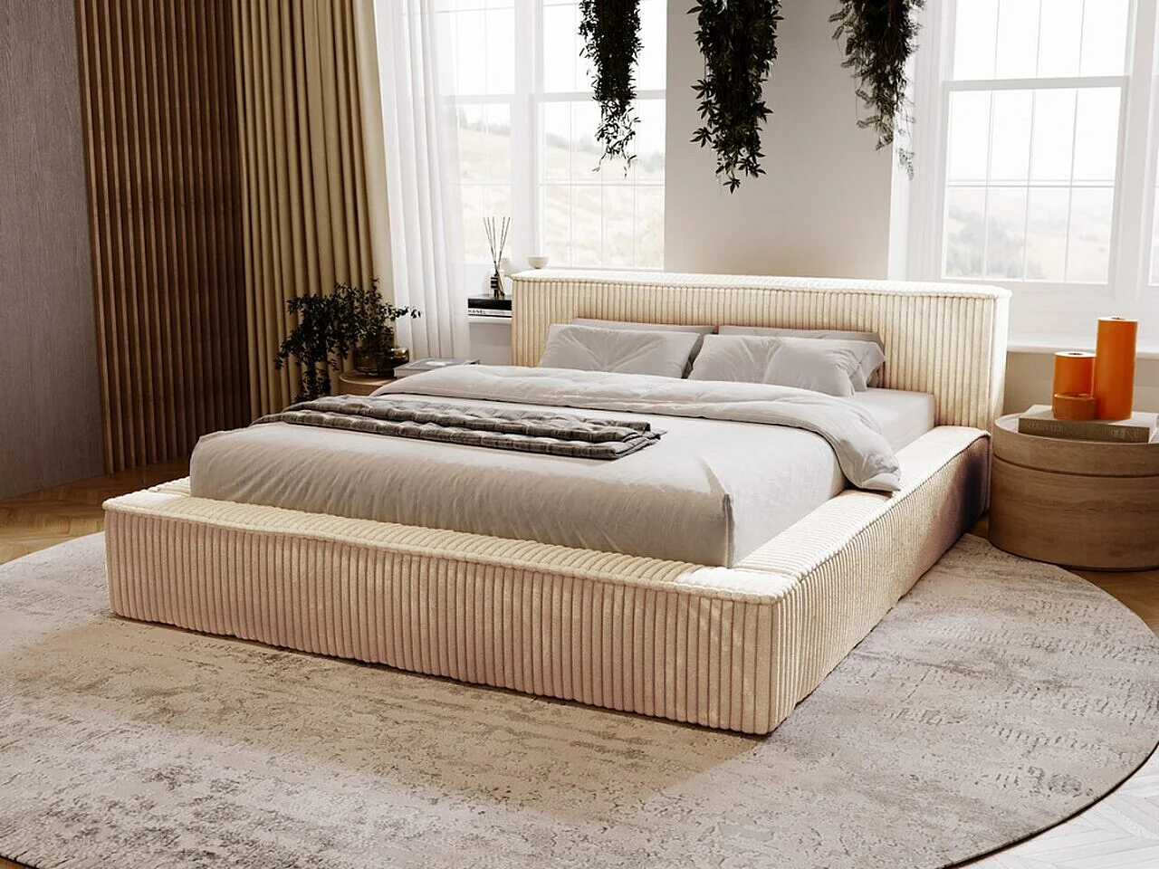 Gestoffeerd bed Lago 180x200 beige - opbergruimte voor beddengoed, houten lattenbodem, doorgestikt hoofdbord en bedframe