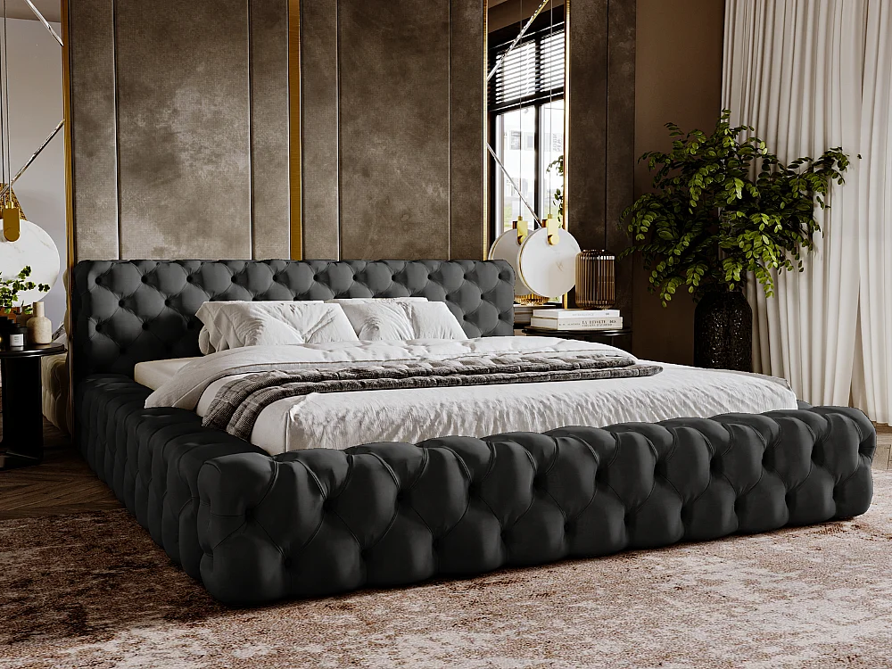 Gestoffeerd bed Palini 140x200 zwart - opbergruimte voor beddengoed, houten lattenbodem, doorgestikt hoofdbord en bedframe