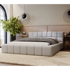 Gestoffeerd bed Alicante 180×200 lichtgrijs – opbergruimte voor beddengoed, houten lattenbodem, doorgestikt hoofdbord en bedframe.