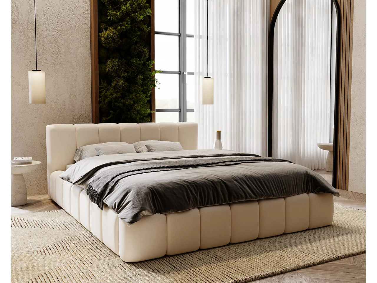 Gestoffeerd bed Split 160x200 crème - opbergruimte voor beddengoed, houten lattenbodem, doorgestikt hoofdbord en bedframe