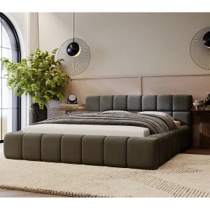Gestoffeerd bed Alicante 180×200 donkergrijs – opbergruimte voor beddengoed, houten lattenbodem, doorgestikt hoofdbord en bedframe.