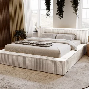 Gestoffeerd bed Lago 140×200 lichtgrijs – opbergruimte voor beddengoed, houten lattenbodem, doorgestikt hoofdbord en bedframe