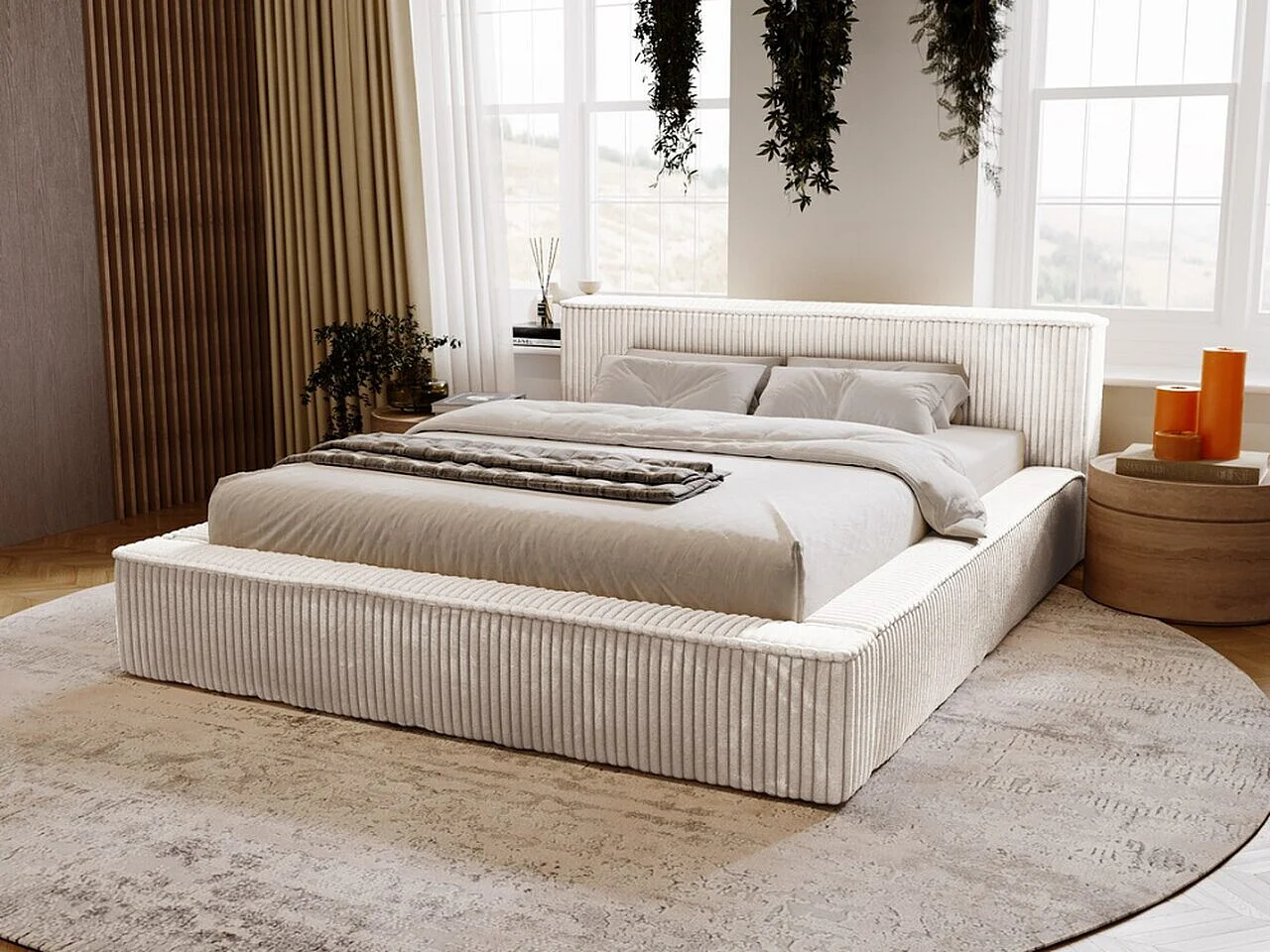 Gestoffeerd bed Lago 140x200 lichtgrijs - opbergruimte voor beddengoed, houten lattenbodem, doorgestikt hoofdbord en bedframe