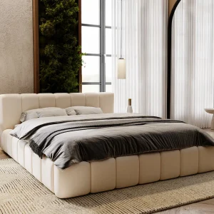 Gestoffeerd bed Split 140×200 crème – opbergruimte voor beddengoed, houten lattenbodem, doorgestikt hoofdbord en bedframe Gestoffeerd bed Split 140×200 crème – opbergruimte voor beddengoed, houten lattenbodem, doorgestikt hoofdbord en bedframe