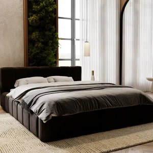Gestoffeerd bed Split 160×200 zwart – opbergruimte voor beddengoed, houten lattenbodem, doorgestikt hoofdbord en bedframe Gestoffeerd bed Split 160×200 zwart – opbergruimte voor beddengoed, houten lattenbodem, doorgestikt hoofdbord en bedframe