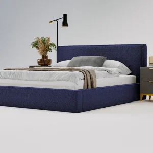 Gestoffeerd bed Monaco bouclé stof 180×200 blauw – opbergruimte voor beddengoed, houten lattenbodem, doorgestikt hoofdbord en bedframe