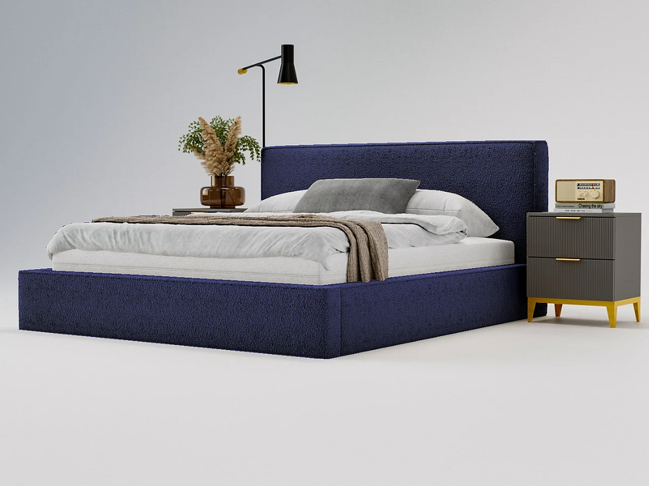 Gestoffeerd bed Monaco bouclé stof 180x200 blauw - opbergruimte voor beddengoed, houten lattenbodem, doorgestikt hoofdbord en bedframe