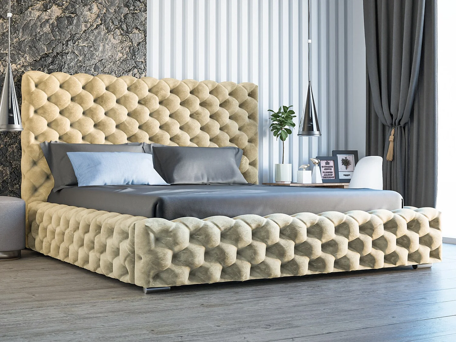 Gestoffeerd bed Heaven 180x200 beige - opbergruimte voor beddengoed, houten lattenbodem, doorgestikt hoofdbord en bedframe