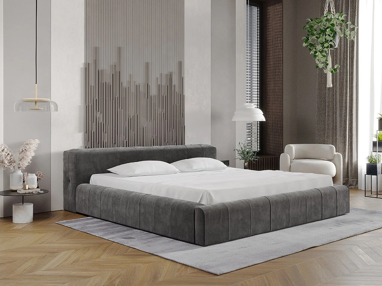 Gestoffeerd bed Lipari 140x200 donkergrijs - opbergruimte voor beddengoed, houten lattenbodem, doorgestikt hoofdbord en bedframe