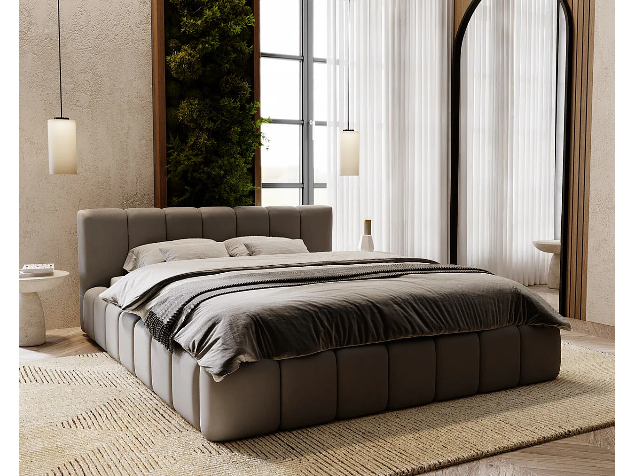 Gestoffeerd bed Split 120x200 grijs - opbergruimte voor beddengoed, houten lattenbodem, doorgestikt hoofdbord en bedframe