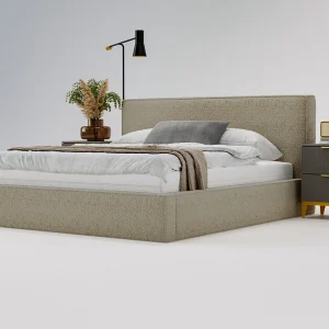 Gestoffeerd bed Monaco bouclé stof 160×200 bruin – opbergruimte voor beddengoed, houten lattenbodem, doorgestikt hoofdbord en bedframe