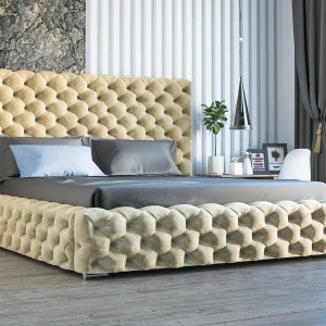 Gestoffeerd bed Heaven 140×200 beige – opbergruimte voor beddengoed, houten lattenbodem, doorgestikt hoofdbord en bedframe