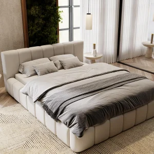 Gestoffeerd bed Split 160×200 lichtgrijs – opbergruimte voor beddengoed, houten lattenbodem, doorgestikt hoofdbord en bedframe Gestoffeerd bed Split 160×200 lichtgrijs – opbergruimte voor beddengoed, houten lattenbodem, doorgestikt hoofdbord en bedframe