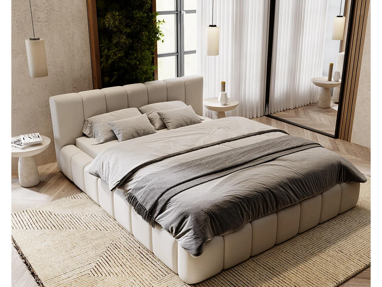 Gestoffeerd bed Split 160x200 lichtgrijs - opbergruimte voor beddengoed, houten lattenbodem, doorgestikt hoofdbord en bedframe
