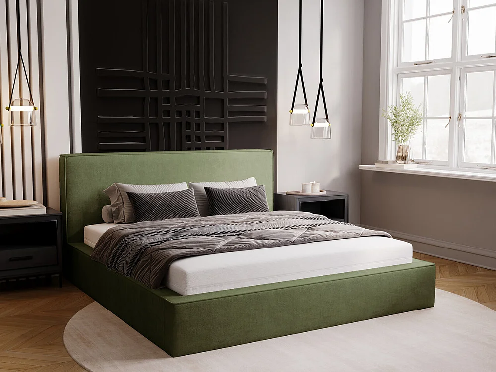 Gestoffeerd bed Monaco 180x200 groen - opbergruimte voor beddengoed, houten lattenbodem, doorgestikt hoofdbord en bedframe