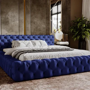 Gestoffeerd bed Palini 140×200 blauw – opbergruimte voor beddengoed, houten lattenbodem, doorgestikt hoofdbord en bedframe