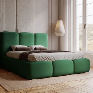 Gestoffeerd bed Bubble 140×200 groen – opbergruimte voor beddengoed, houten lattenbodem, doorgestikt hoofdbord en bedframe