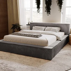 Gestoffeerd bed Lago 140×200 grijs – opbergruimte voor beddengoed, houten lattenbodem, doorgestikt hoofdbord en bedframe
