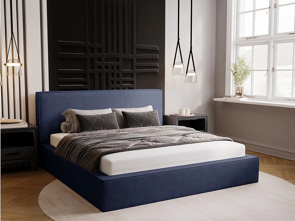 Gestoffeerd bed Monaco 140x200 blauw - opbergruimte voor beddengoed, houten lattenbodem, doorgestikt hoofdbord en bedframe