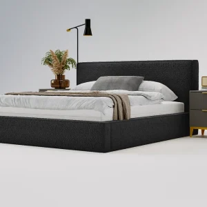Gestoffeerd bed Monaco bouclé stof 180×200 zwart – opbergruimte voor beddengoed, houten lattenbodem, doorgestikt hoofdbord en bedframe