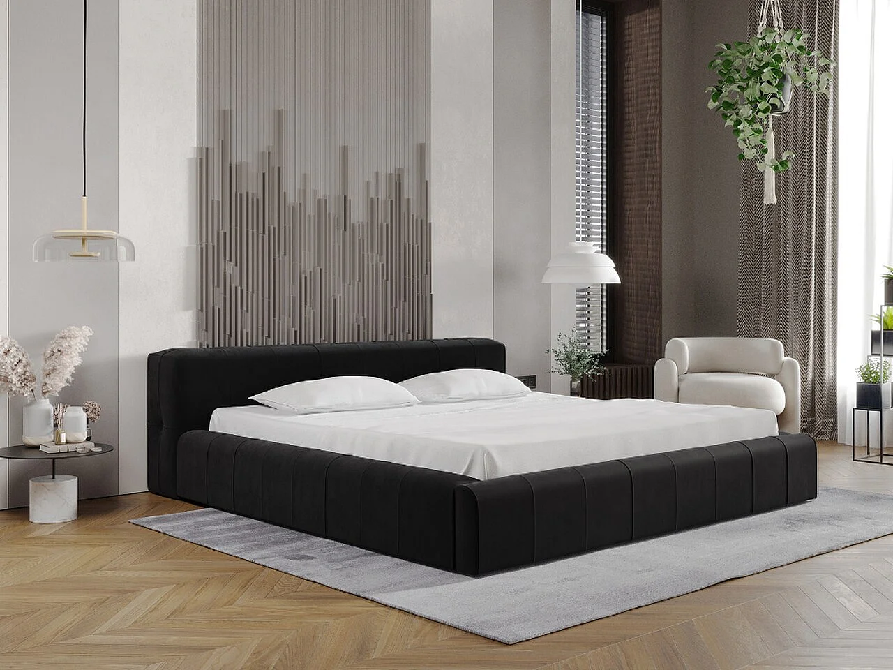 Gestoffeerd bed Lipari 180x200 zwart - opbergruimte voor beddengoed, houten lattenbodem, doorgestikt hoofdbord en bedframe