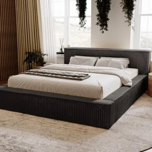 Gestoffeerd bed Lago 160×200 zwart – opbergruimte voor beddengoed, houten lattenbodem, doorgestikt hoofdbord en bedframe