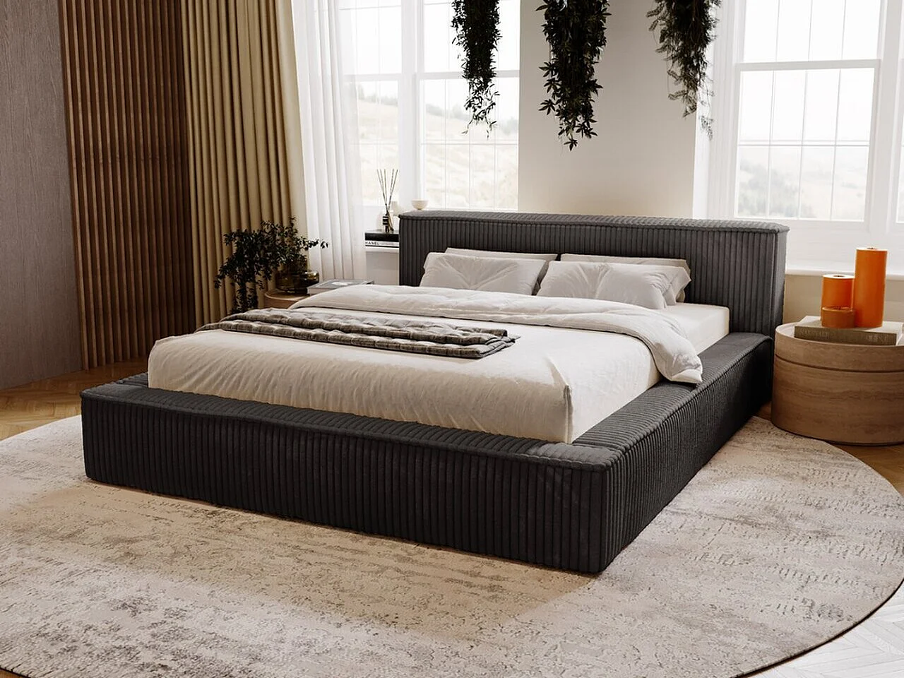Gestoffeerd bed Lago 160x200 zwart - opbergruimte voor beddengoed, houten lattenbodem, doorgestikt hoofdbord en bedframe