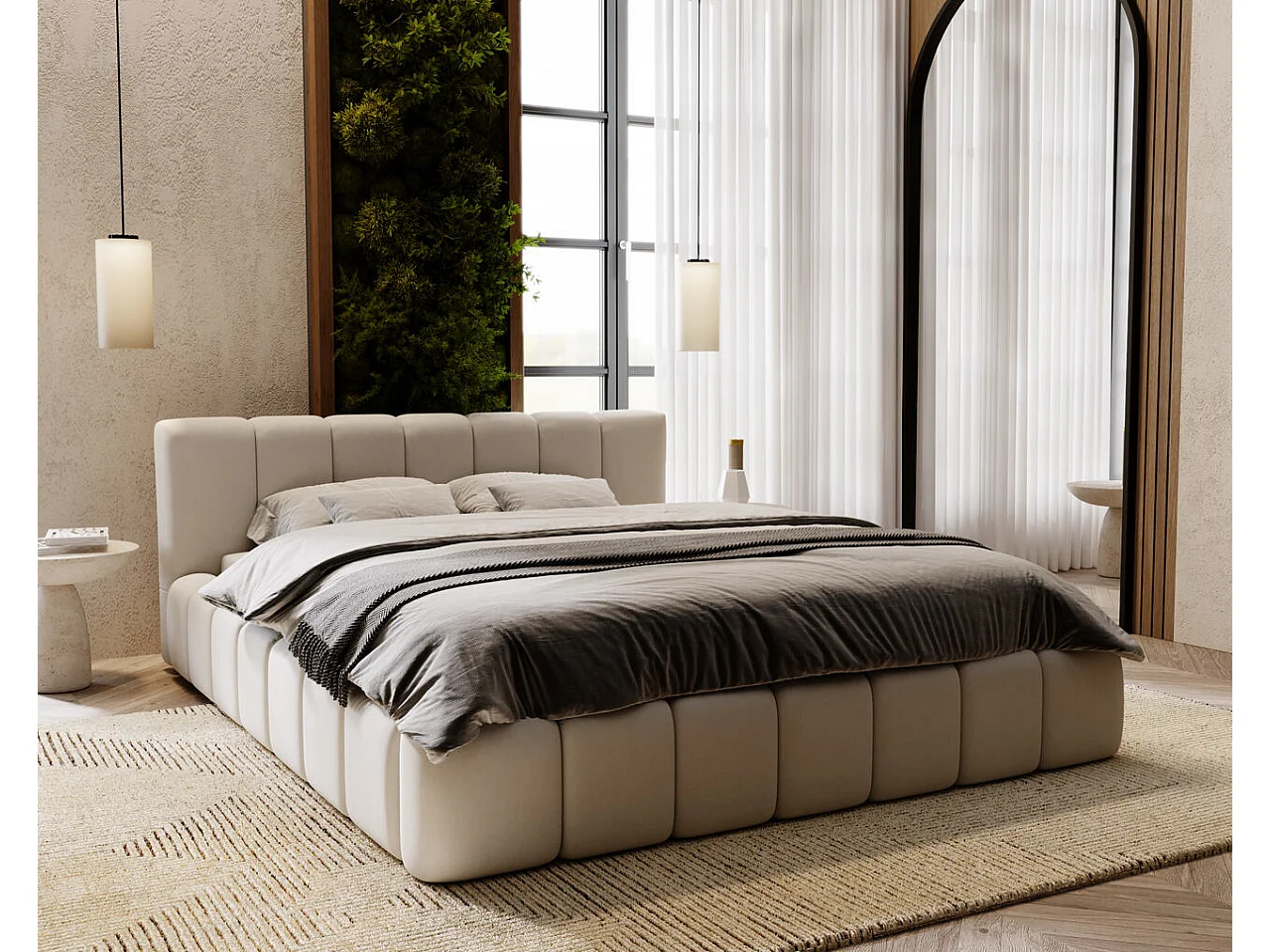 Gestoffeerd bed Split 140x200 lichtgrijs - opbergruimte voor beddengoed, houten lattenbodem, doorgestikt hoofdbord en bedframe