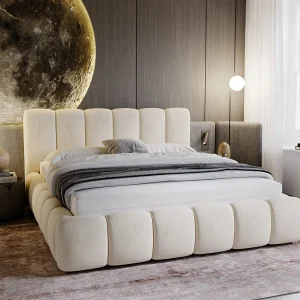 Gestoffeerd bed Cloud 180×200 beige – opbergruimte voor beddengoed, houten lattenbodem, doorgestikt hoofdbord en bedframe